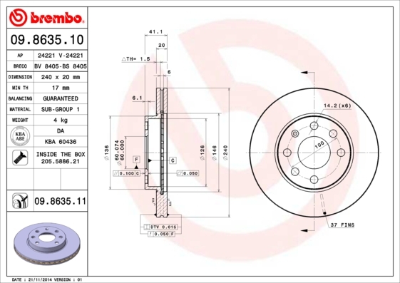 Tarcza hamulcowa, COATED DISC LINE 09.8635.11 BREMBO