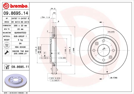 Tarcza hamulcowa, COATED DISC LINE 09.8695.11 BREMBO