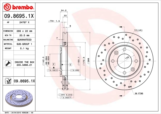 Tarcza hamulcowa, BREMBO XTRA LINE 09.8695.1X BREMBO