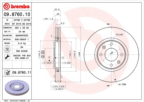 Tarcza hamulcowa, COATED DISC LINE 09.8760.11 BREMBO
