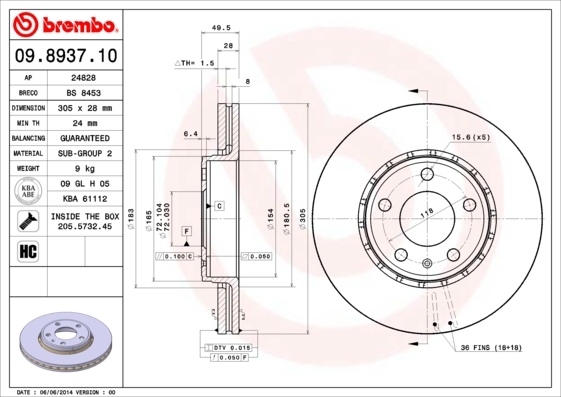 Tarcza hamulcowa 09.8937.10 BREMBO
