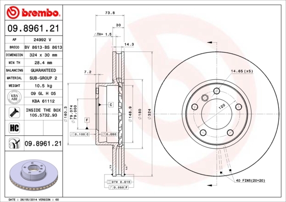 Tarcza hamulcowa, COATED DISC LINE 09.8961.21 BREMBO