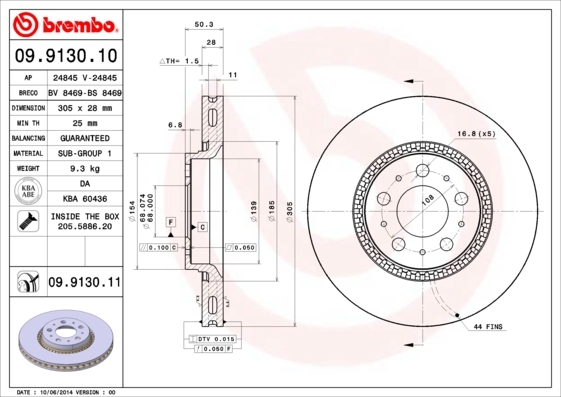 Tarcza hamulcowa, COATED DISC LINE 09.9130.11 BREMBO