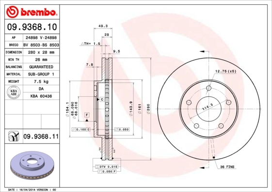 Tarcza hamulcowa, COATED DISC LINE 09.9368.11 BREMBO