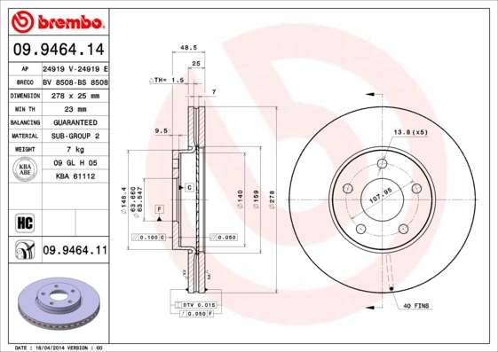 Tarcza hamulcowa, COATED DISC LINE 09.9464.11 BREMBO