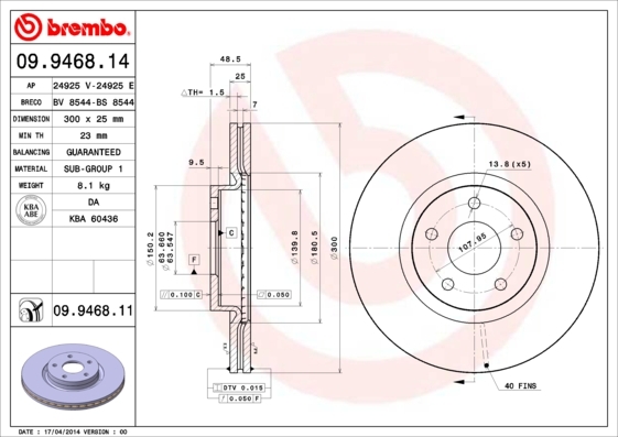 Tarcza hamulcowa, COATED DISC LINE 09.9468.11 BREMBO