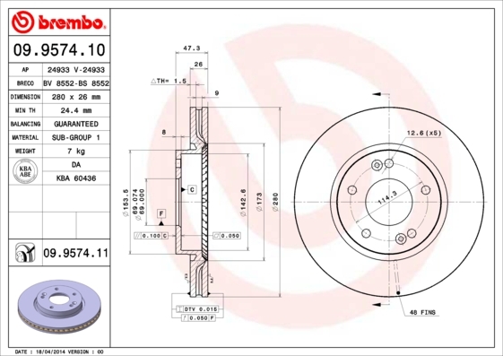 Tarcza hamulcowa, COATED DISC LINE 09.9574.11 BREMBO