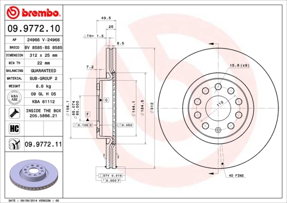 Tarcza hamulcowa, COATED DISC LINE 09.9772.11 BREMBO