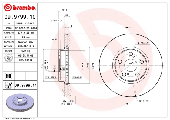 Tarcza hamulcowa, COATED DISC LINE 09.9799.11 BREMBO