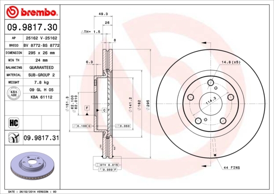 Tarcza hamulcowa, COATED DISC LINE 09.9817.31 BREMBO
