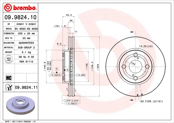 Tarcza hamulcowa, COATED DISC LINE 09.9824.11 BREMBO