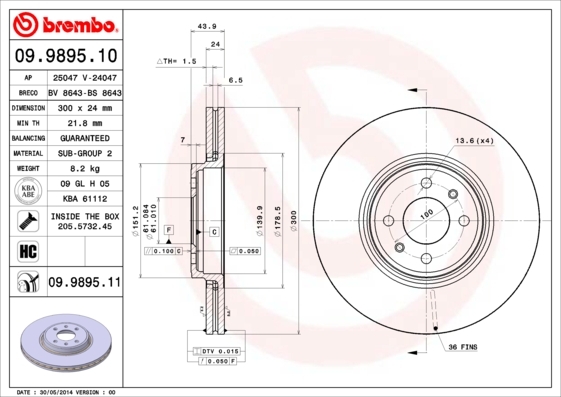 Tarcza hamulcowa, COATED DISC LINE 09.9895.11 BREMBO