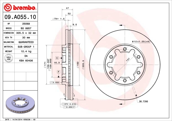 Tarcza hamulcowa 09.A055.10 BREMBO
