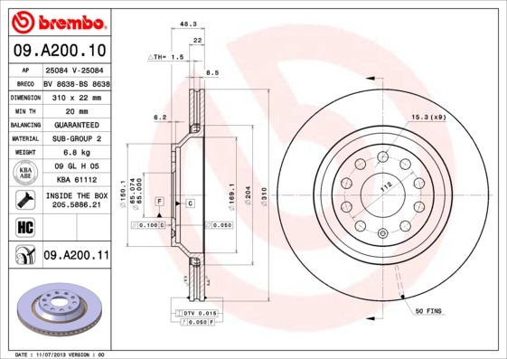 Tarcza hamulcowa, COATED DISC LINE 09.A200.11 BREMBO