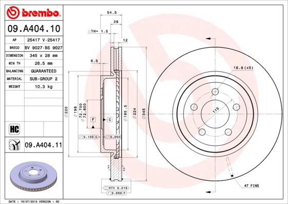 Tarcza hamulcowa, COATED DISC LINE 09.A404.11 BREMBO