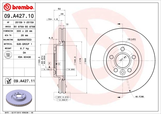 Tarcza hamulcowa, COATED DISC LINE 09.A427.11 BREMBO