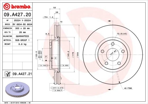 Tarcza hamulcowa, COATED DISC LINE 09.A427.21 BREMBO