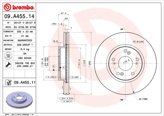 Tarcza hamulcowa, COATED DISC LINE 09.A455.11 BREMBO