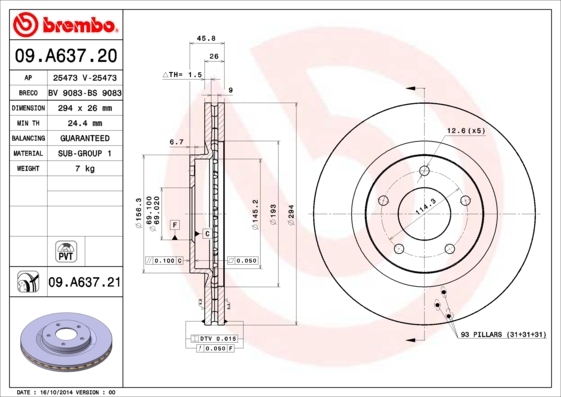 Tarcza hamulcowa 09.A637.20 BREMBO