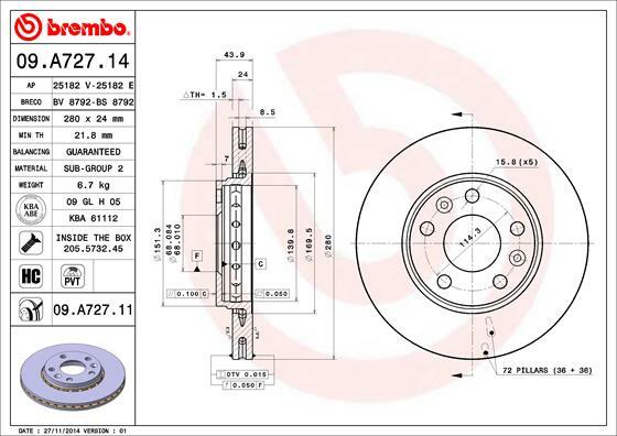 Tarcza hamulcowa, COATED DISC LINE 09.A727.11 BREMBO
