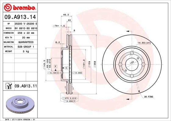 Tarcza hamulcowa 09.A913.14 BREMBO