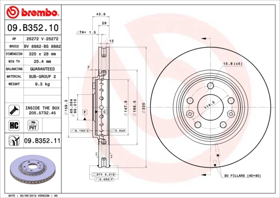 Tarcza hamulcowa, COATED DISC LINE 09.B352.11 BREMBO