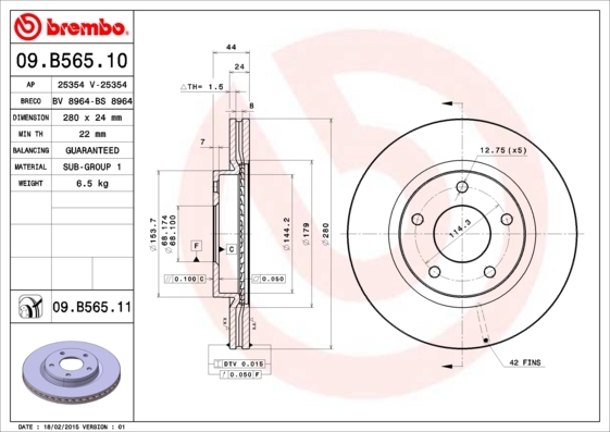 Tarcza hamulcowa, COATED DISC LINE 09.B565.11 BREMBO
