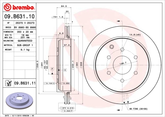 Tarcza hamulcowa, COATED DISC LINE 09.B631.11 BREMBO