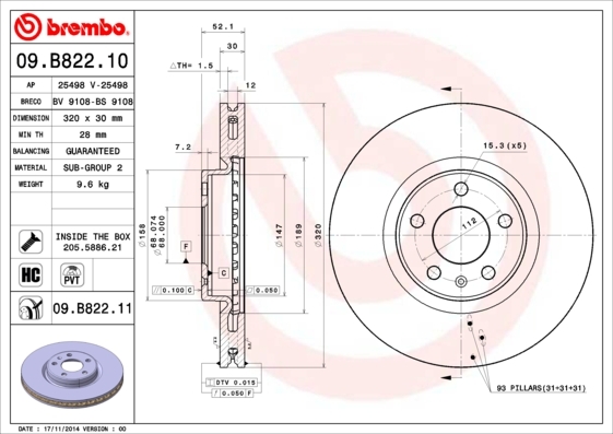 Tarcza hamulcowa, COATED DISC LINE 09.B822.11 BREMBO