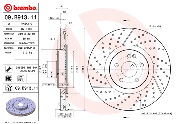 Tarcza hamulcowa, COATED DISC LINE 09.B913.11 BREMBO