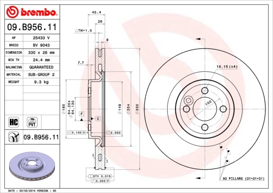 Tarcza hamulcowa, COATED DISC LINE 09.B956.11 BREMBO