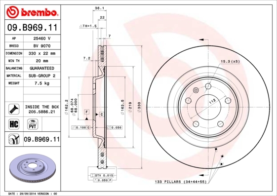 Tarcza hamulcowa, COATED DISC LINE 09.B969.11 BREMBO
