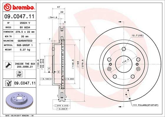 Tarcza hamulcowa, COATED DISC LINE 09.C047.11 BREMBO