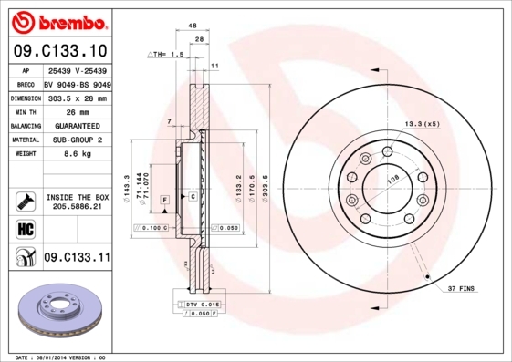 Tarcza hamulcowa, COATED DISC LINE 09.C133.11 BREMBO