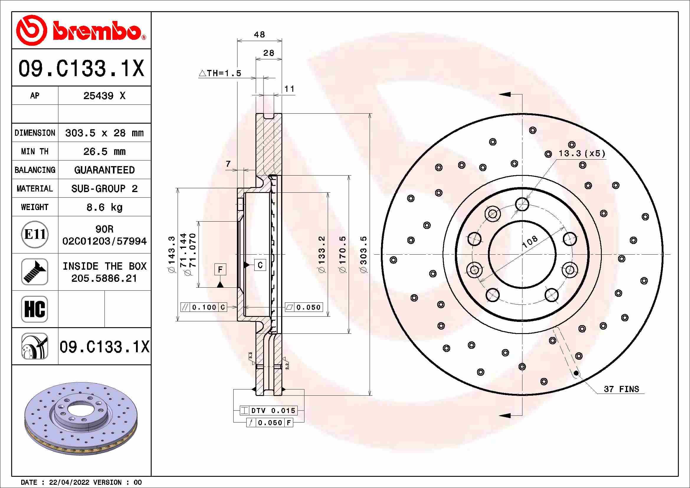 Tarcza do hamulców o wysokiej skuteczności, BREMBO Xtra, Wiercona, przód, śr. zew. 30 09.C133.1X BREMBO