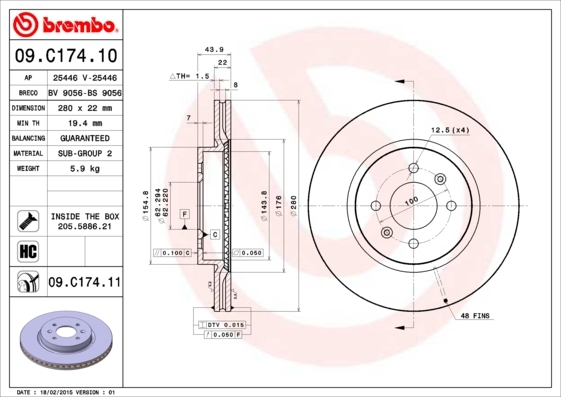 Tarcza hamulcowa, COATED DISC LINE 09.C174.11 BREMBO