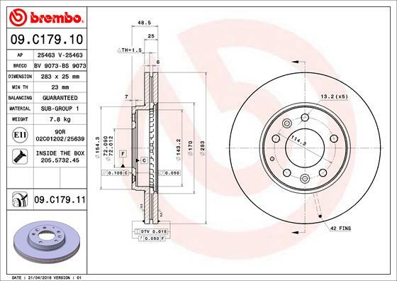 Tarcza hamulcowa, COATED DISC LINE 09.C179.11 BREMBO