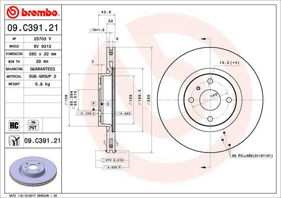 Tarcza hamulcowa, COATED DISC LINE 09.C391.21 BREMBO