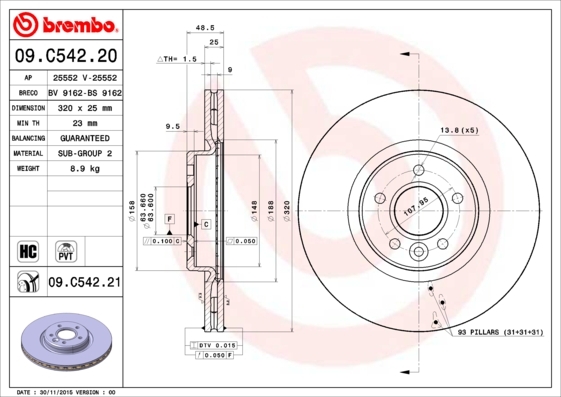 Tarcza hamulcowa, COATED DISC LINE 09.C542.21 BREMBO
