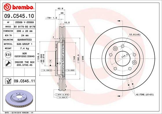 Tarcza hamulcowa, COATED DISC LINE 09.C545.11 BREMBO