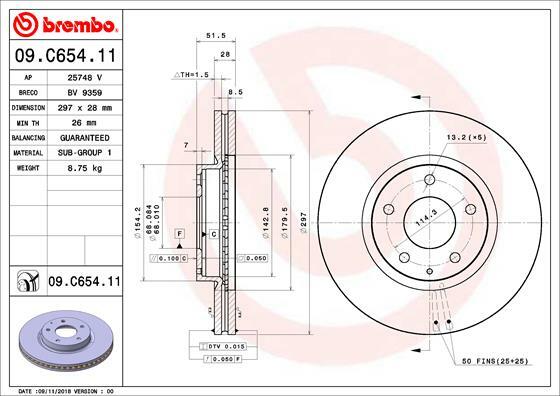 Tarcza hamulcowa, COATED DISC LINE 09.C654.11 BREMBO