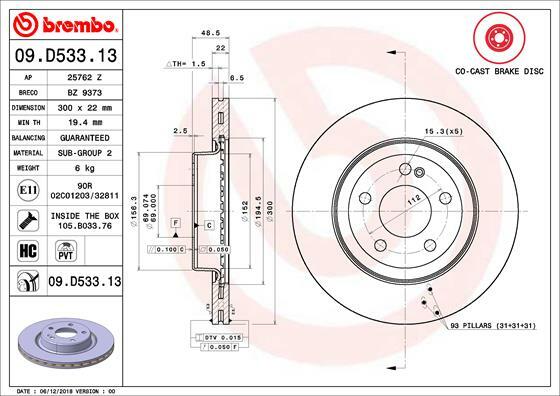 Tarcza hamulcowa, CO-CAST DISCS LINE 09.D533.13 BREMBO