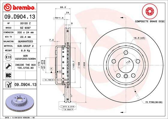 Tarcza hamulcowa, TWO-PIECE DISCS LINE 09.D904.13 BREMBO