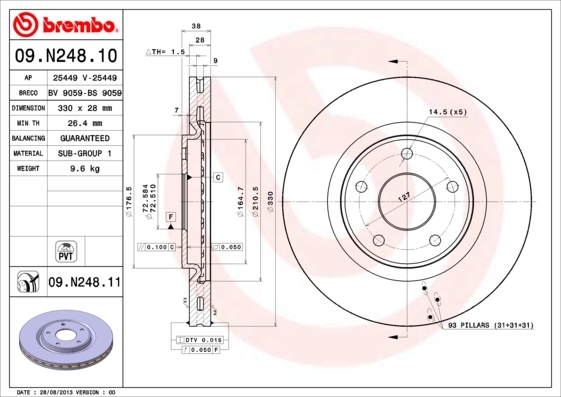 Tarcza hamulcowa, COATED DISC LINE 09.N248.11 BREMBO