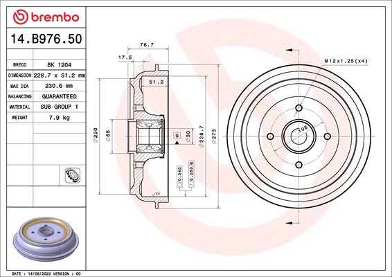 Bęben hamulcowy 14.B976.50 BREMBO